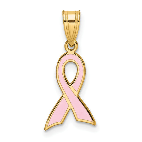 14k Yellow Gold Pendant with Pink Enamel Ribbon, Breast Cancer Awareness Charm for Women