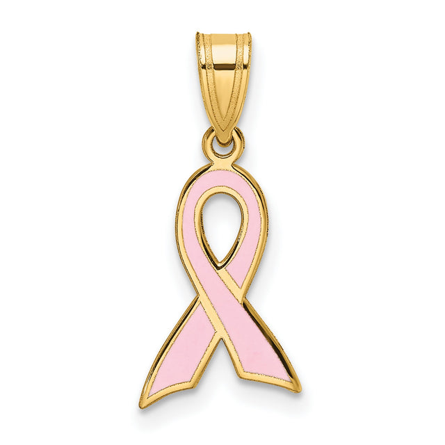 14k Yellow Gold Pendant with Pink Enamel Ribbon, Breast Cancer Awareness Charm for Women