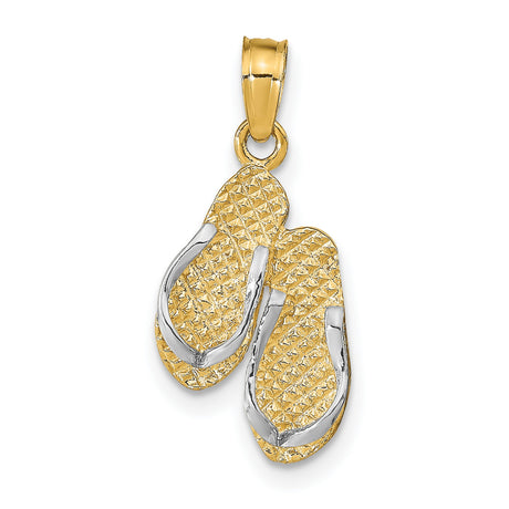 14k Multi-Tone Gold Flip-Flop Pendant with Textured Sandals Design, Beach Vacation Theme