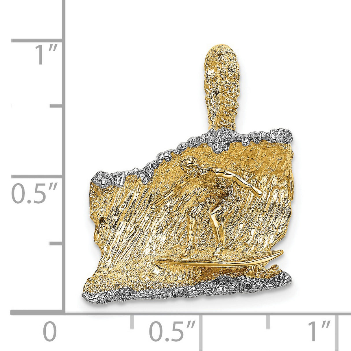 14k Multi-Tone Gold Surfer Pendant with Rhodium Finish, Ocean Wave Charm for Men