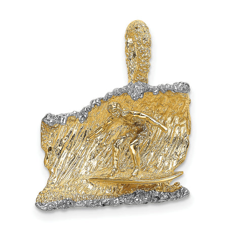 14k Multi-Tone Gold Surfer Pendant with Rhodium Finish, Ocean Wave Charm for Men