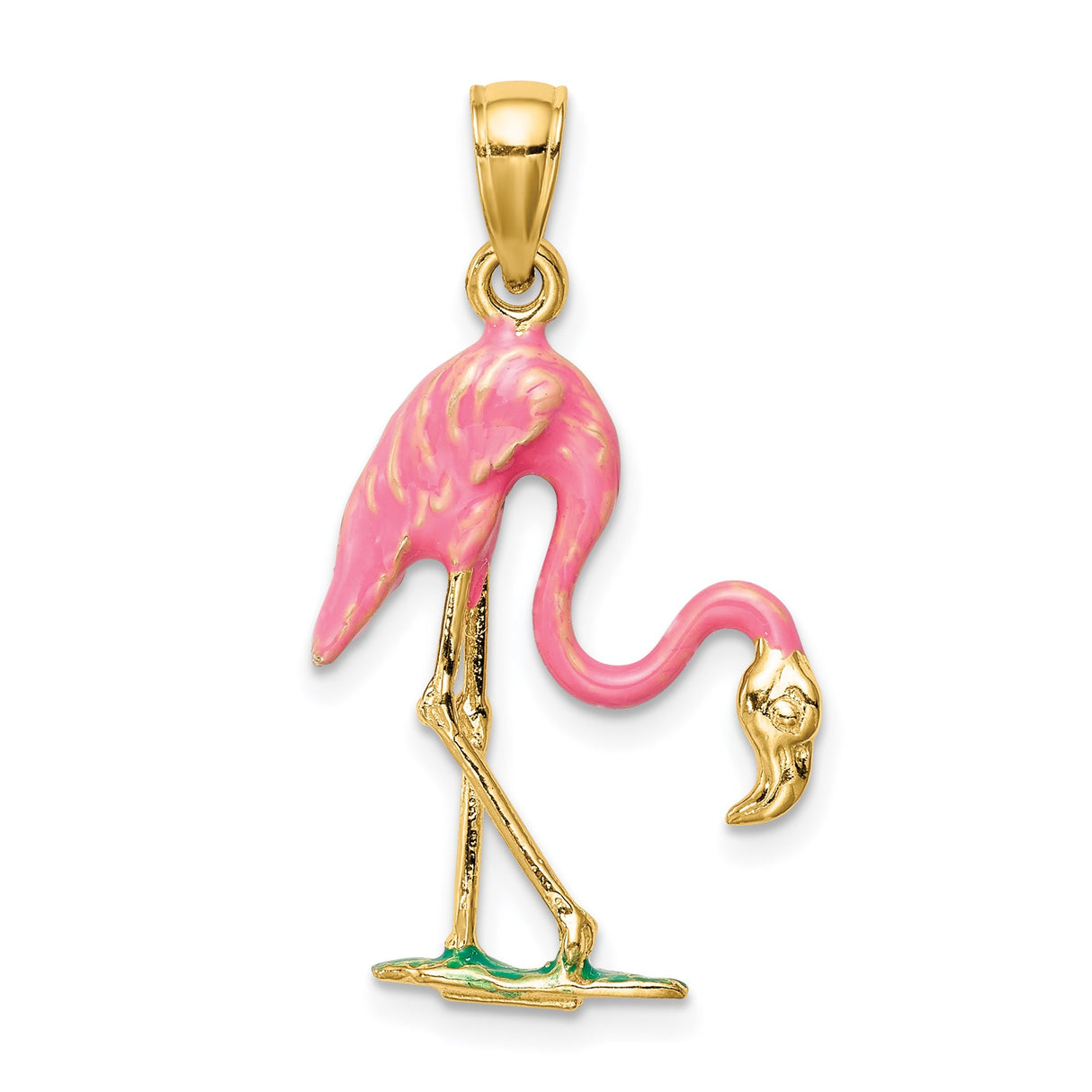14k Yellow Gold Flamingo Pendant with Pink and Green Enamel, Tropical Bird Charm for Women