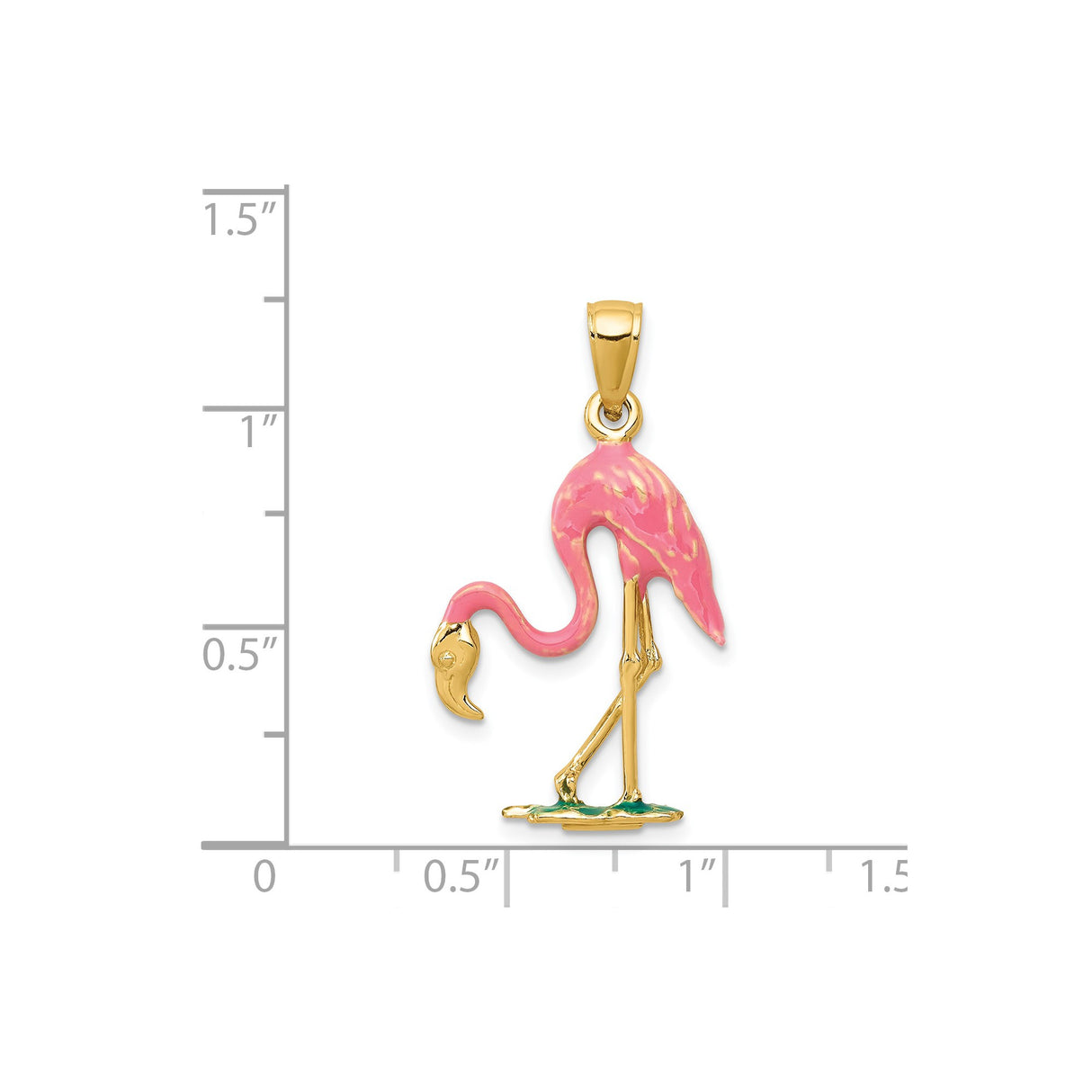 14k Yellow Gold Flamingo Pendant with Pink and Green Enamel, Tropical Bird Charm for Women