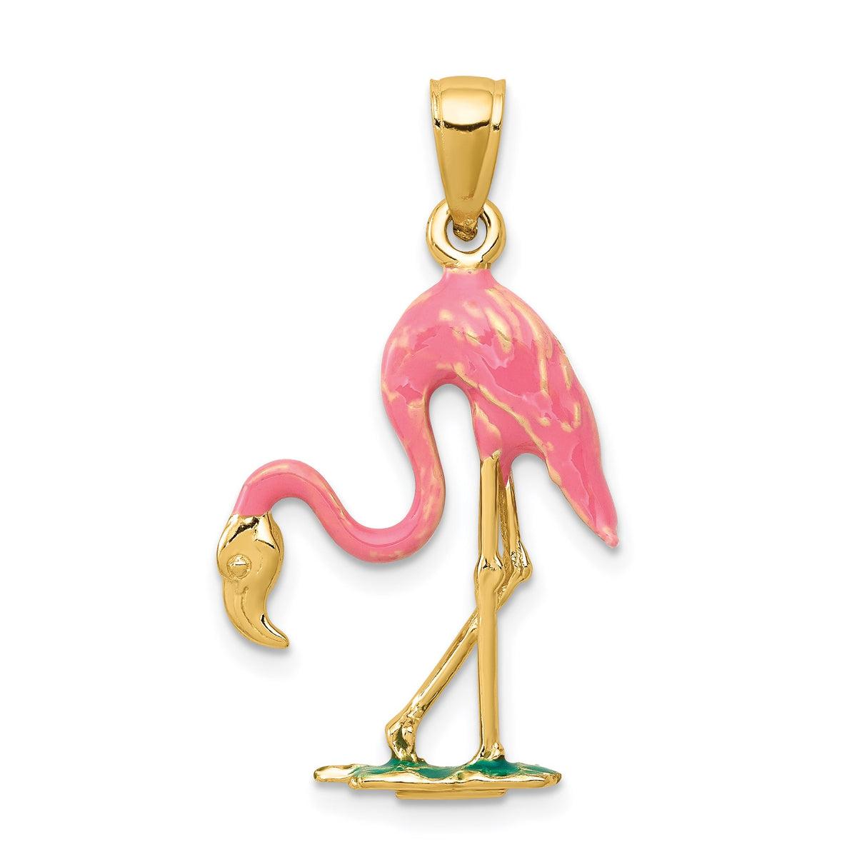 14k Yellow Gold Flamingo Pendant with Pink and Green Enamel, Tropical Bird Charm for Women