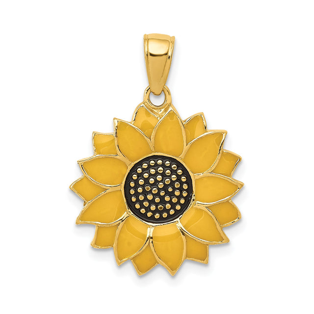 14k Yellow Gold Sunflower Pendant with Enamel Petals and Textured Center, Nature-Inspired Charm