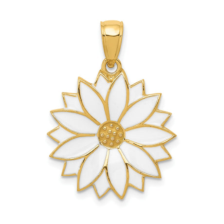 14k Yellow Gold Pendant with White Enamel Daisy Flower Design, Nature-Inspired Charm for Women