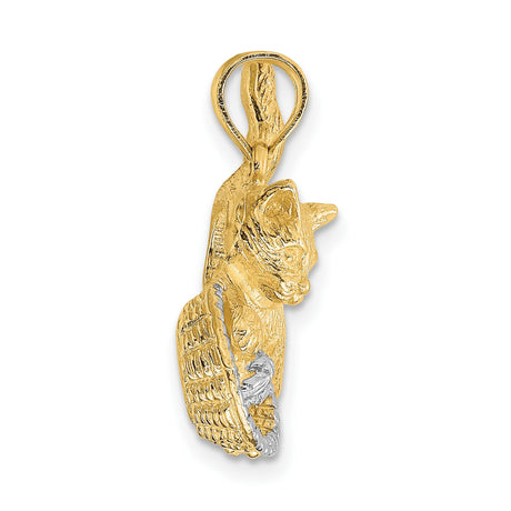 Cat Playing with Yarn in Basket Charm Pendant in Real 14k Multi-Tone Gold