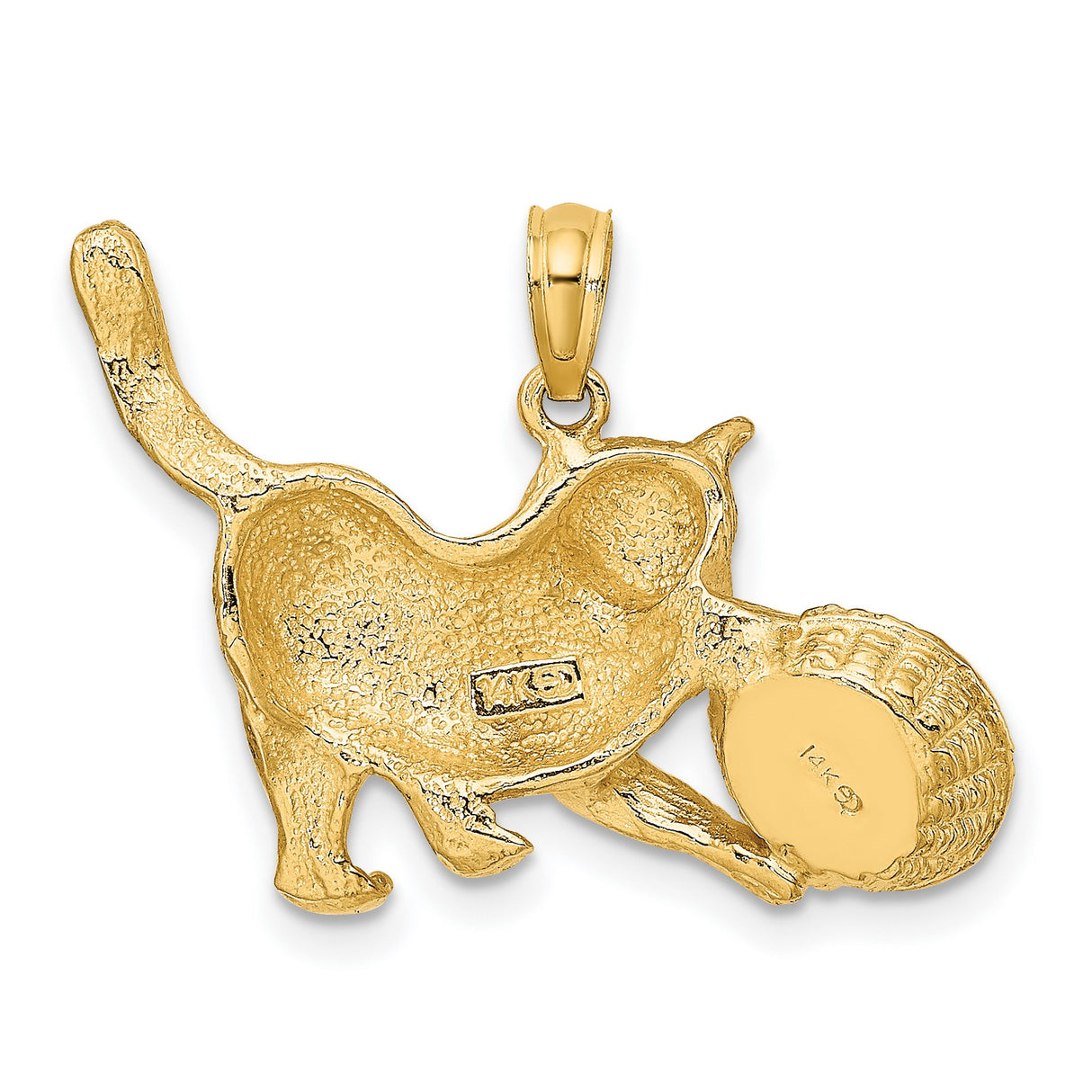 Cat Playing with Yarn in Basket Charm Pendant in Real 14k Multi-Tone Gold
