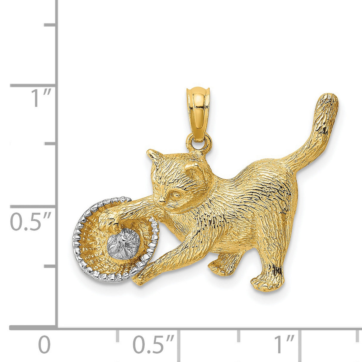 Cat Playing with Yarn in Basket Charm Pendant in Real 14k Multi-Tone Gold