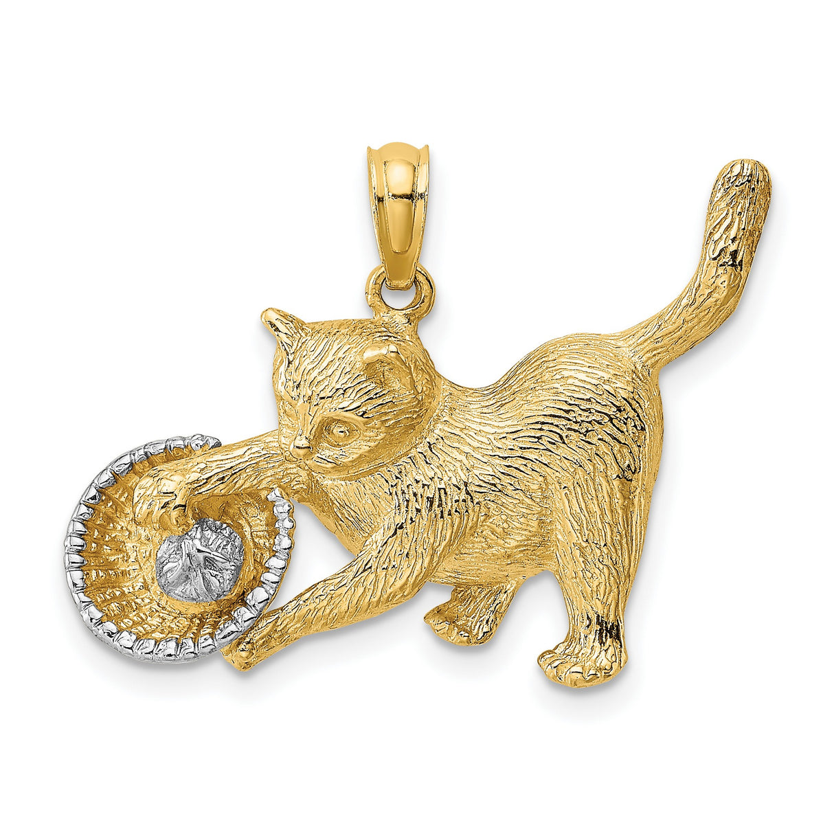 Cat Playing with Yarn in Basket Charm Pendant in Real 14k Multi-Tone Gold