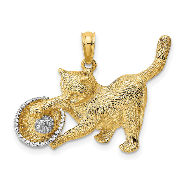 Cat Playing with Yarn in Basket Charm Pendant in Real 14k Multi-Tone Gold