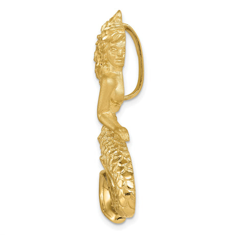 14k Yellow Gold Mermaid Pendant with Flowing Hair and Textured Scales, Nautical Ocean Theme Jewelry