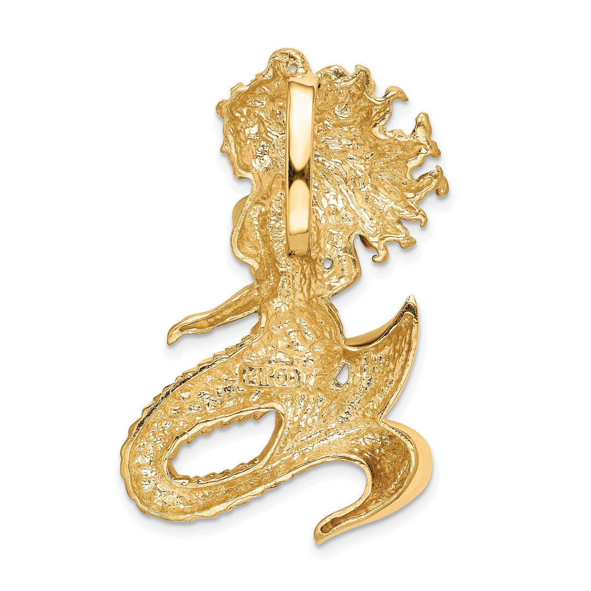 14k Yellow Gold Mermaid Pendant with Flowing Hair and Textured Scales, Nautical Ocean Theme Jewelry