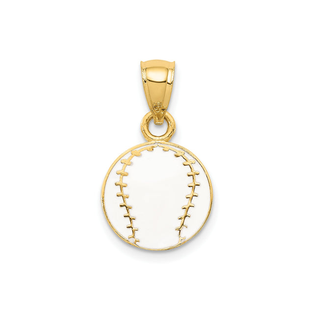 14k Yellow Gold Baseball Pendant with White Enamel Stitching Detail, Unisex Sports Charm