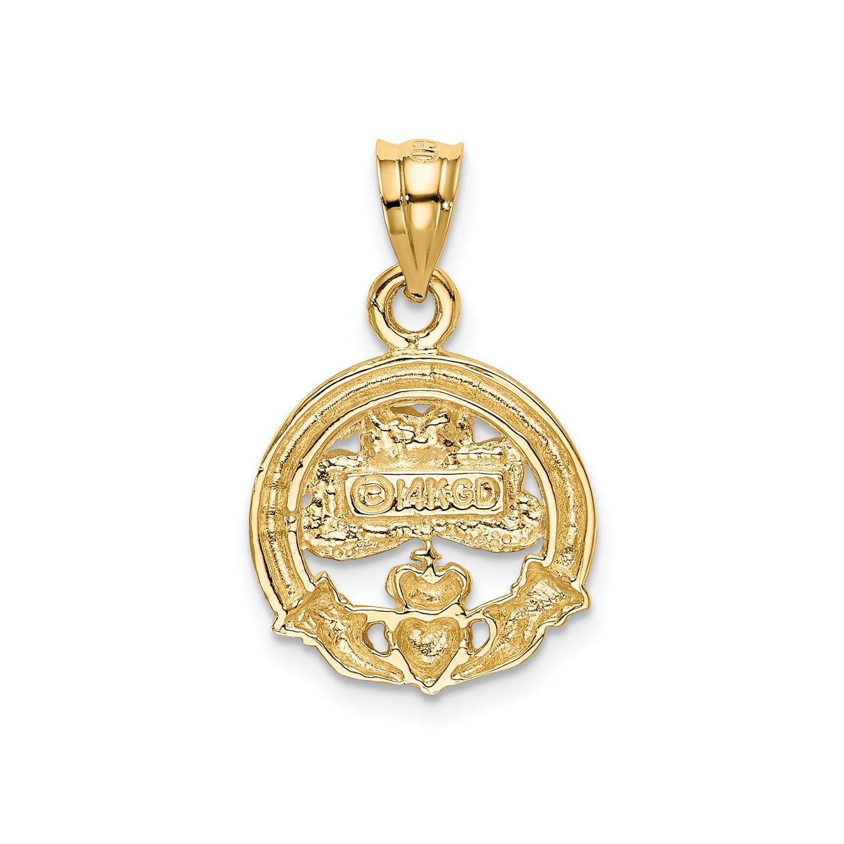14k Yellow Gold Claddagh Shamrock Pendant with Green Enamel, Celtic Irish Symbol