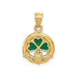14k Yellow Gold Claddagh Shamrock Pendant with Green Enamel, Celtic Irish Symbol