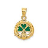 14k Yellow Gold Claddagh Shamrock Pendant with Green Enamel, Celtic Irish Symbol