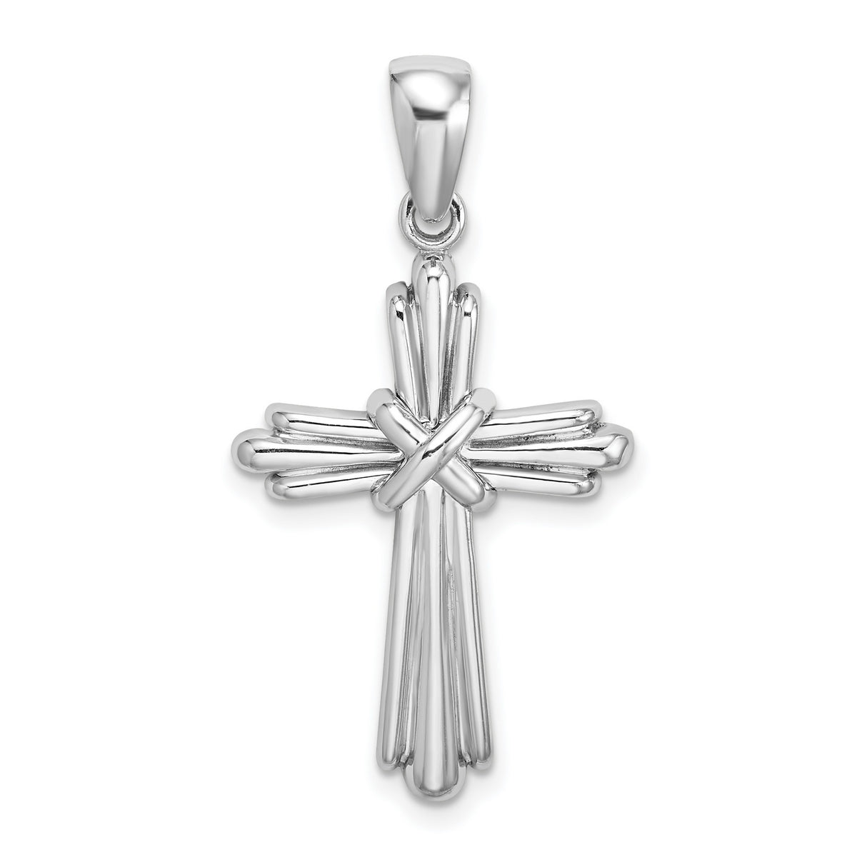 14k White Gold Cross Pendant with High Polish Finish, Tapered Bail, Layered Design