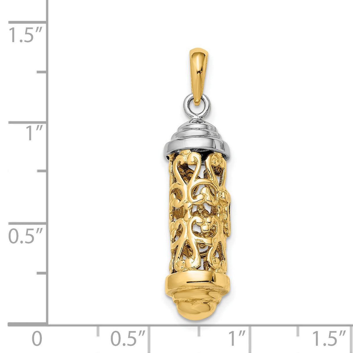 Mezuzah And Shin With Accented Top Cap Charm Pendant in Real 14k Multi-Tone Gold