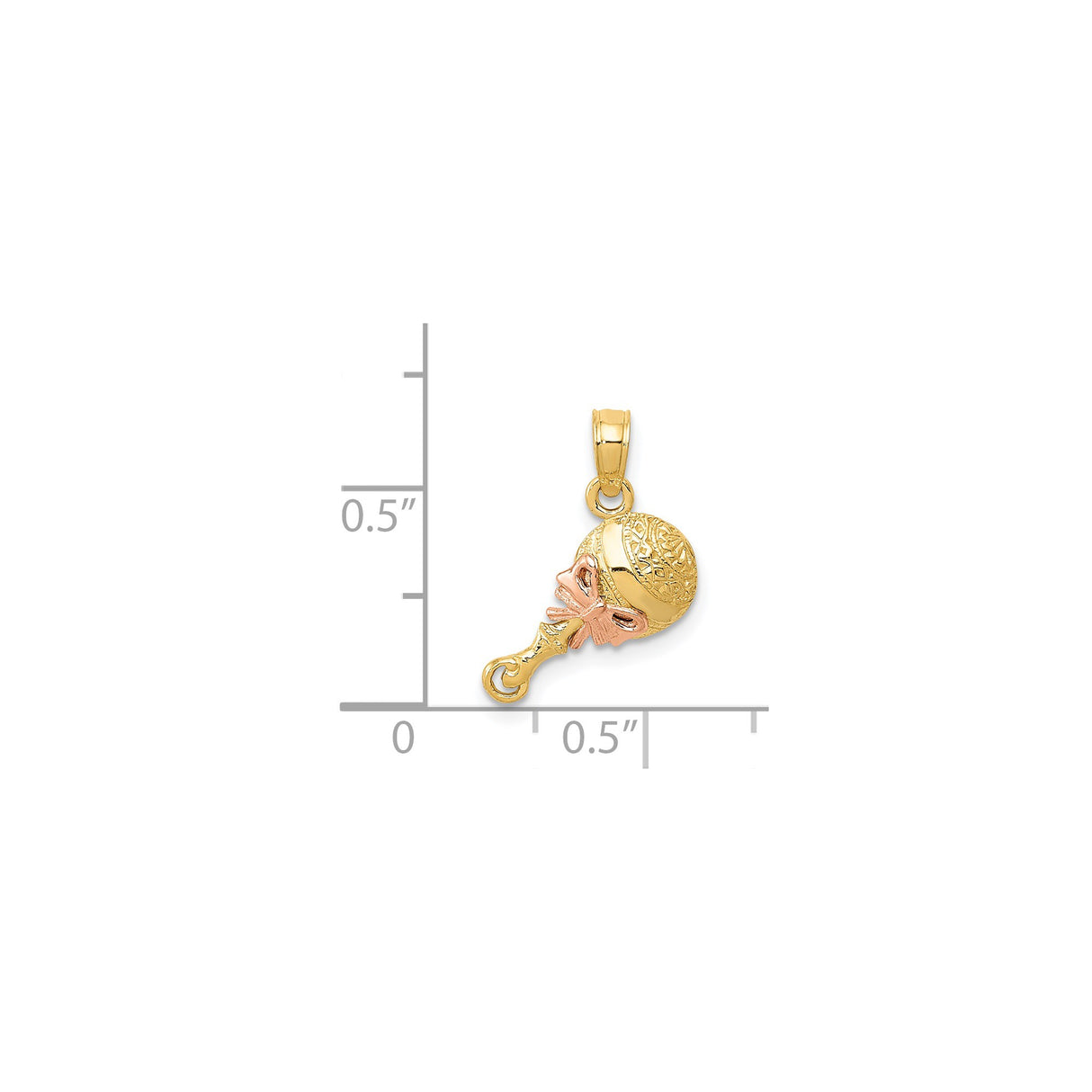 14k Two-Tone Gold Baby Rattle Pendant with Rose Gold Bow Accent, Maternity Keepsake Charm