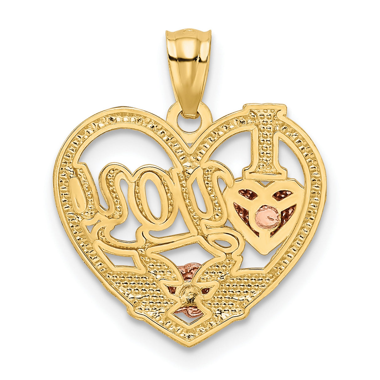 14k Multi-Tone Gold Heart Pendant with Script I Love You Message and Floral Accents