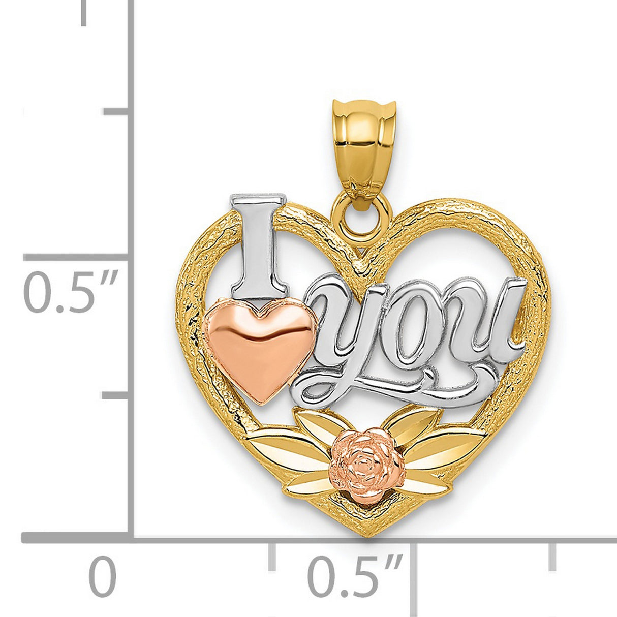 14k Multi-Tone Gold Heart Pendant with Script I Love You Message and Floral Accents