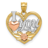 14k Multi-Tone Gold Heart Pendant with Script I Love You Message and Floral Accents