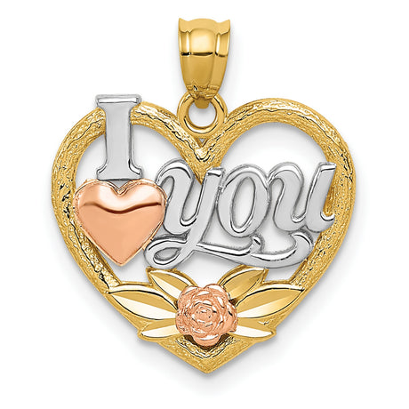 14k Multi-Tone Gold Heart Pendant with Script I Love You Message and Floral Accents