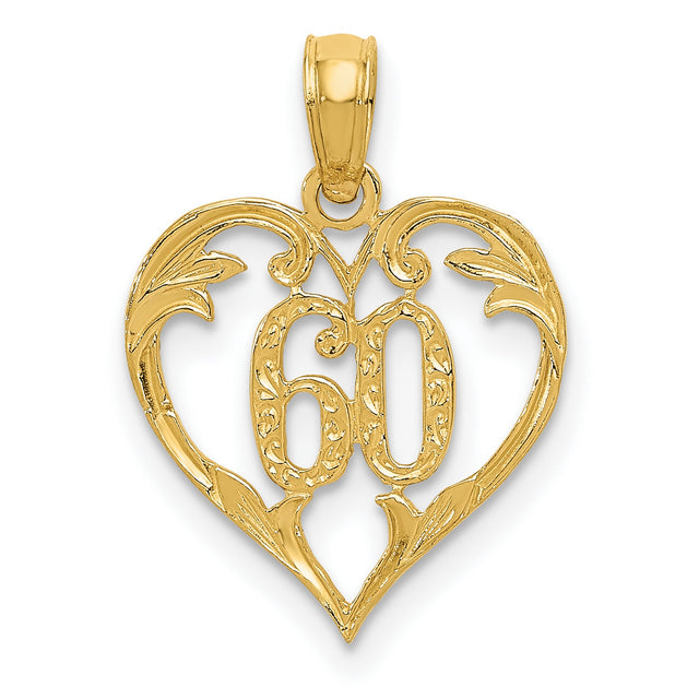 14k Yellow Gold Heart Pendant with Script 60, Filigree Design for Women