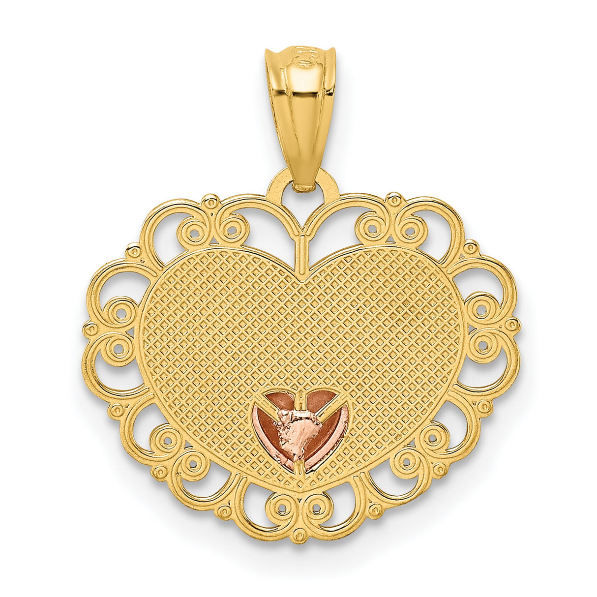 14k Two-Tone Gold Heart Pendant with Rose Gold Accent and Filigree Edge, Mom Charm