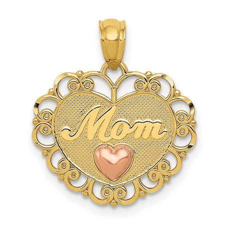 14k Two-Tone Gold Heart Pendant with Rose Gold Accent and Filigree Edge, Mom Charm