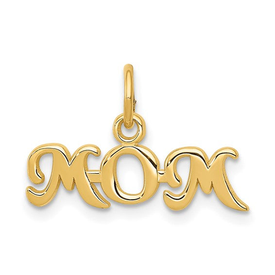 14k Yellow Gold Mom Pendant, Script Handwritten Style Charm Representing Motherhood and Love