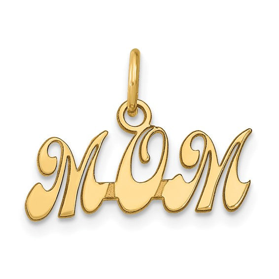 14k Yellow Gold Mom Pendant with Script Lettering, Sentimental Motherhood Charm for Women