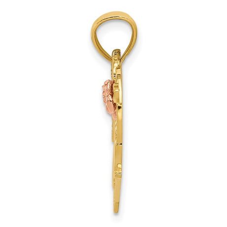 14k Two-Tone Gold Heart Pendant with #1 Mom and Rose Design for Women