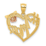 #1 Mom With Rose Open Heart Charm Pendant in Real 14k Multi-Tone Gold