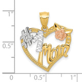 #1 Mom With Rose Open Heart Charm Pendant in Real 14k Multi-Tone Gold