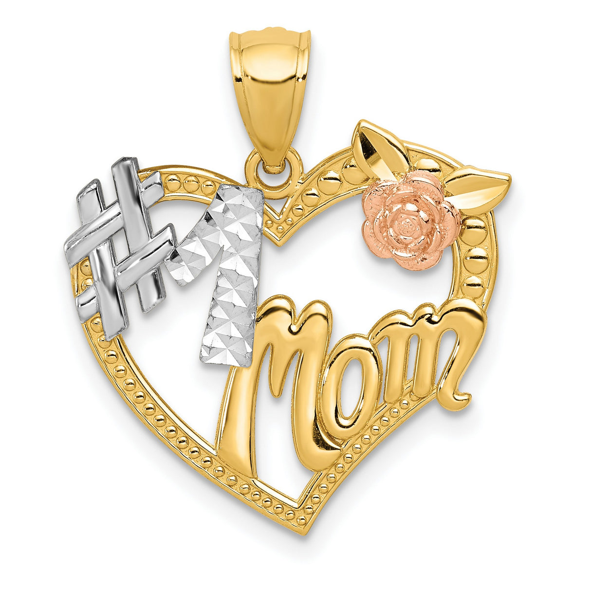 #1 Mom With Rose Open Heart Charm Pendant in Real 14k Multi-Tone Gold