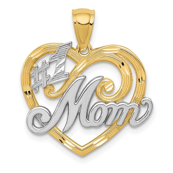 14k Yellow Gold Heart Pendant with Rhodium Accents, Number 1 Mom Script Design