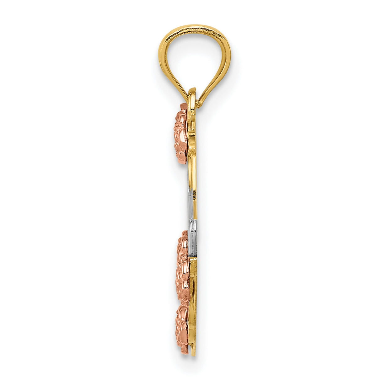 14k Two-Tone Gold Heart Pendant with Mom Script, Rose Flower and Leaf Accents