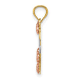 14k Two-Tone Gold Heart Pendant with Mom Script, Rose Flower and Leaf Accents