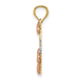 14k Two-Tone Gold Heart Pendant with Mom Script, Rose Flower and Leaf Accents
