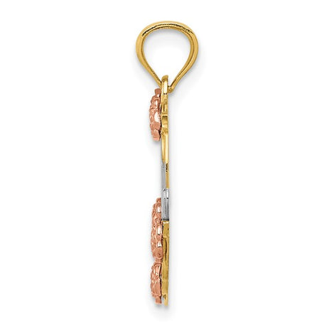 14k Two-Tone Gold Heart Pendant with Mom Script, Rose Flower and Leaf Accents