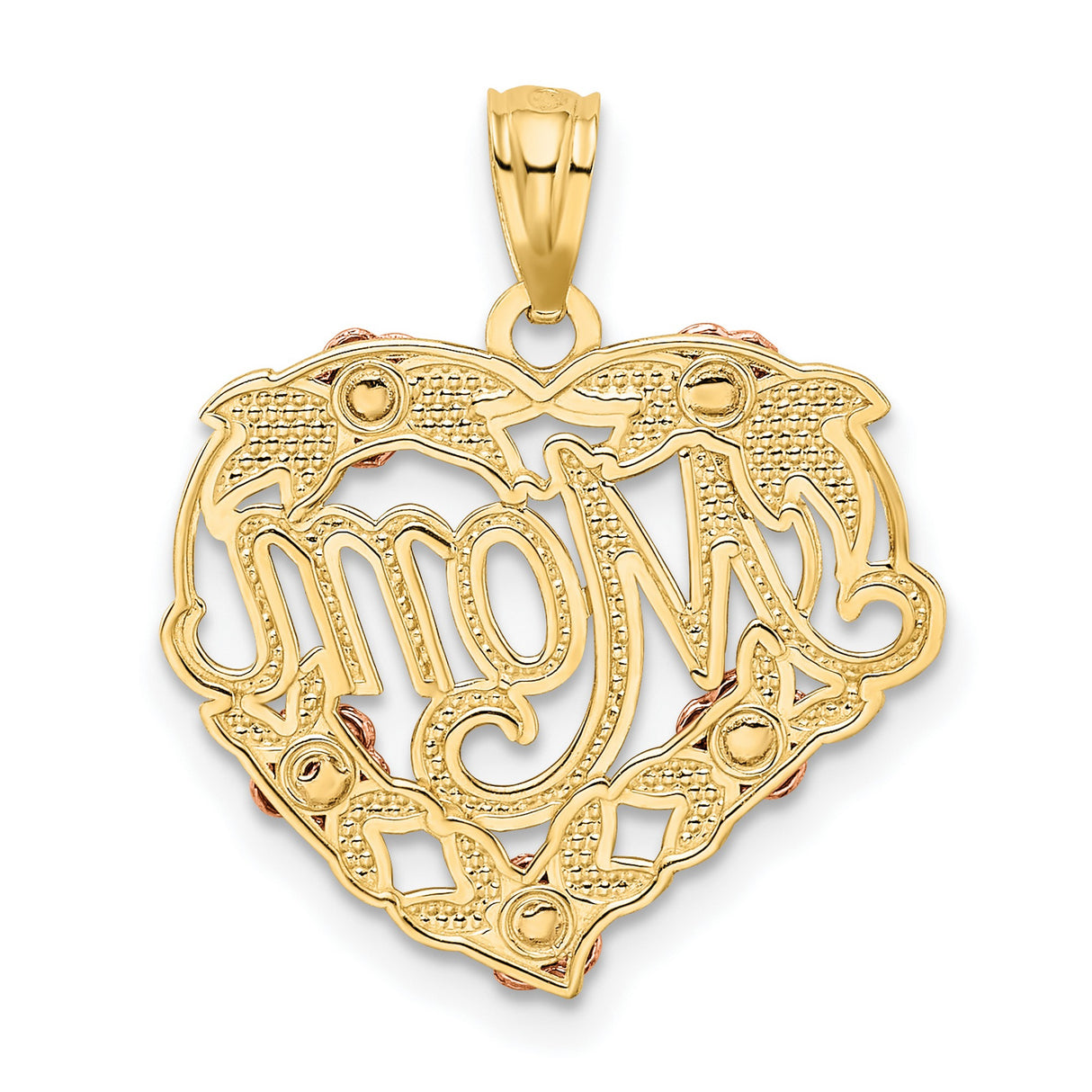 14k Two-Tone Gold Heart Pendant with Mom Script, Rose Flower and Leaf Accents