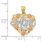 14k Two-Tone Gold Heart Pendant with Mom Script, Rose Flower and Leaf Accents