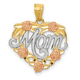 14k Two-Tone Gold Heart Pendant with Mom Script, Rose Flower and Leaf Accents