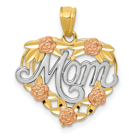 14k Two-Tone Gold Heart Pendant with Mom Script, Rose Flower and Leaf Accents
