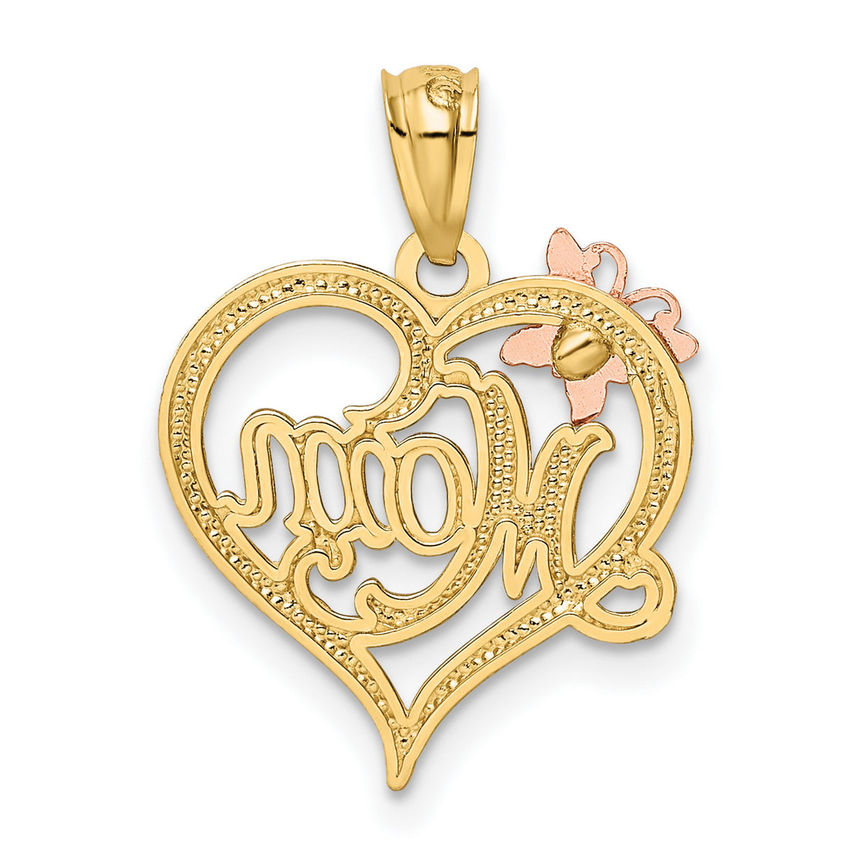 14k Two-Tone Gold Heart Pendant with Mom Script and Butterfly Accent for Women