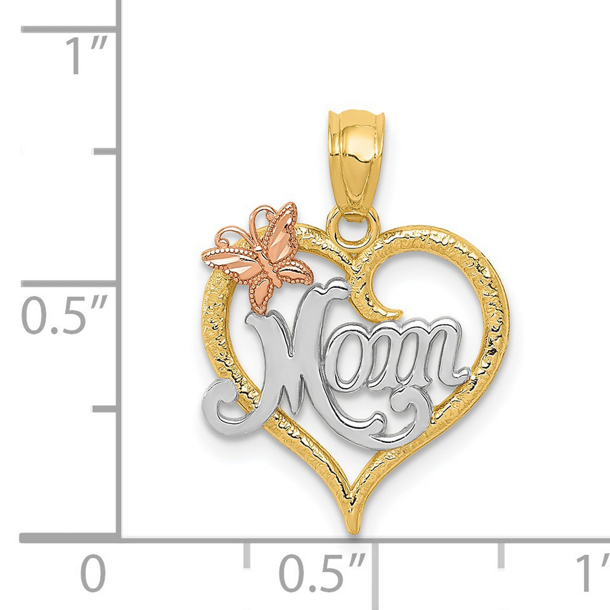 14k Two-Tone Gold Heart Pendant with Mom Script and Butterfly Accent for Women