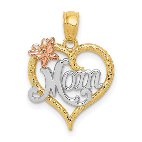 14k Two-Tone Gold Heart Pendant with Mom Script and Butterfly Accent for Women