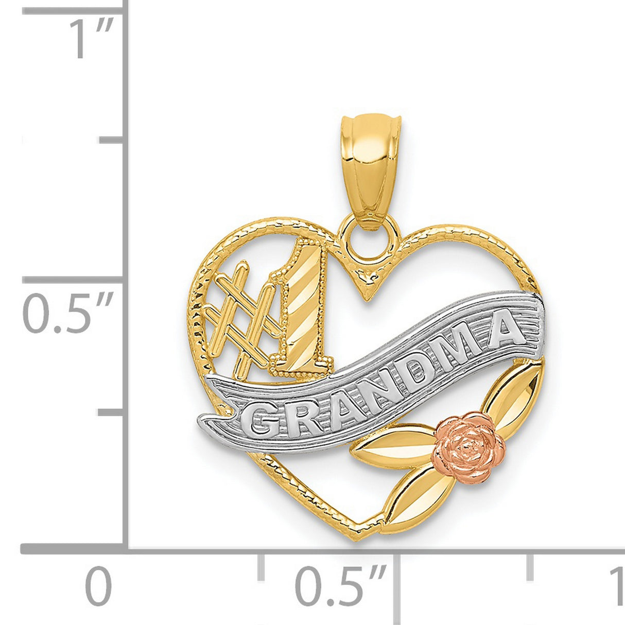 #1 Grandma Words And Rose Flower On Open Heart Shaped Charm Pendant in Real 14k Multi-Tone Gold